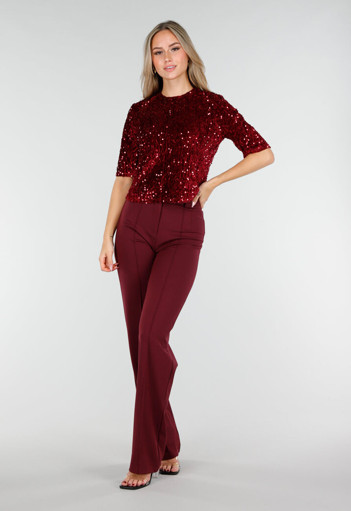 Rode Pailletten Top met Korte Mouwen en Ronde Hals
