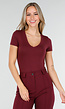 Bordeauxrode Bodysuit met Korte Mouwen en Diepe V-Hals in Stretchstof