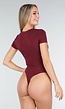 Bordeauxrode Bodysuit met Korte Mouwen en Diepe V-Hals in Stretchstof