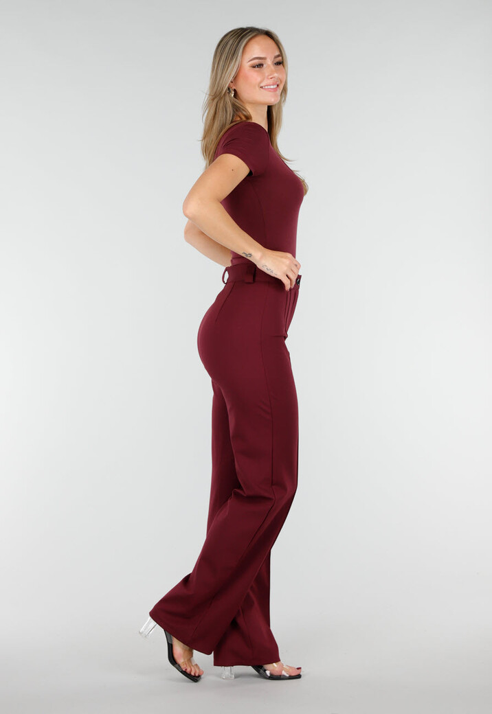 Bordeauxrode Bodysuit met Korte Mouwen en Diepe V-Hals in Stretchstof