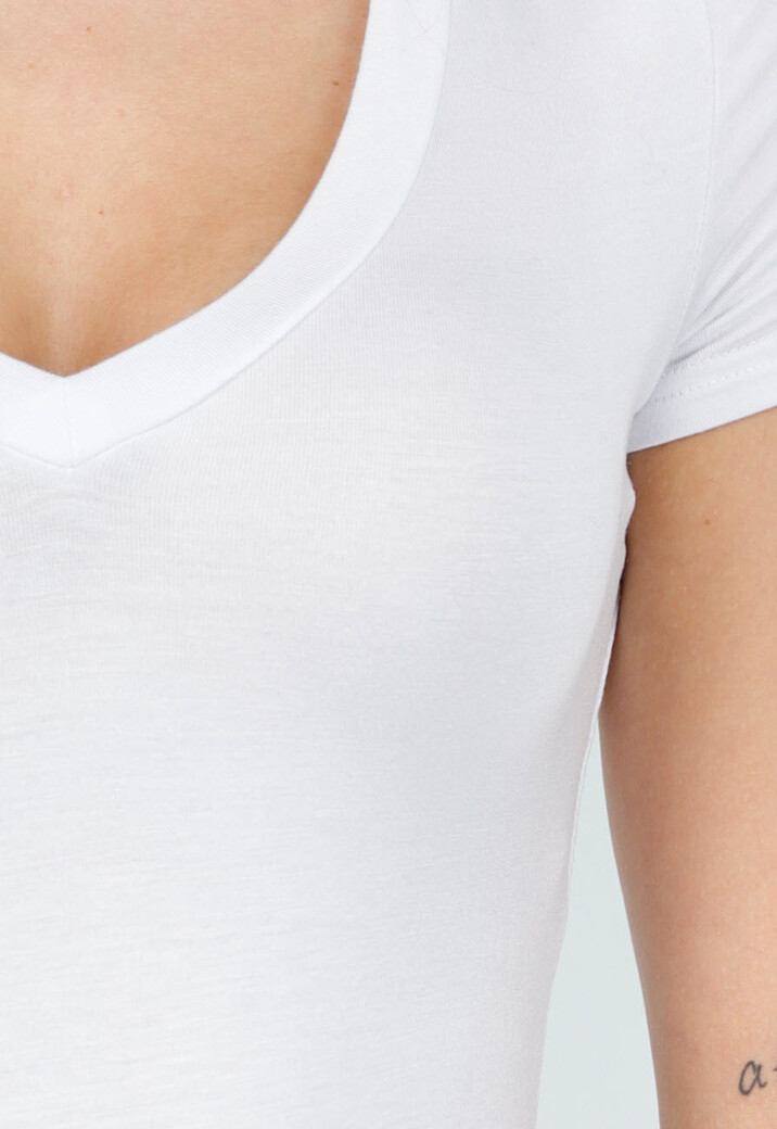 Witte Bodysuit met Korte Mouwen en Diepe V-Hals in Stretchstof