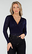 Donkerblauwe Glitter Bodysuit met Lange Mouwen en Diepe V-Hals