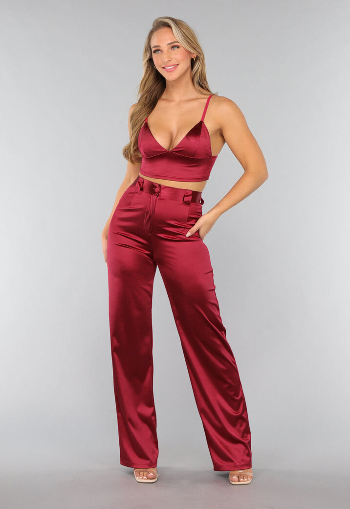 Burgundy Pantalon van Stretch Satijn in Model