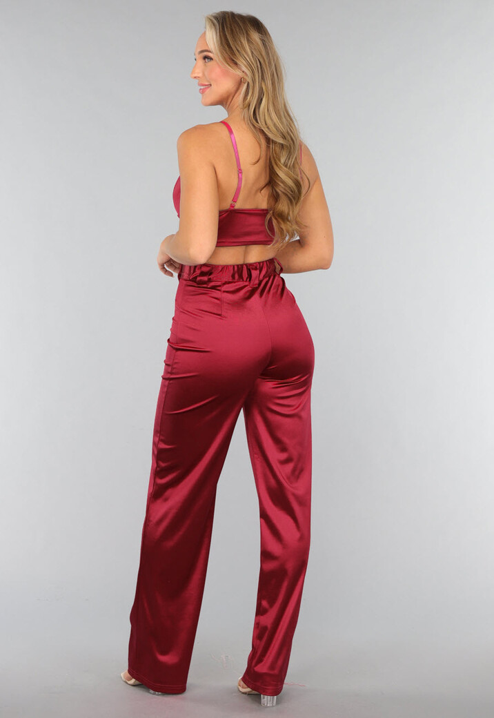 Burgundy Pantalon van Stretch Satijn in Model