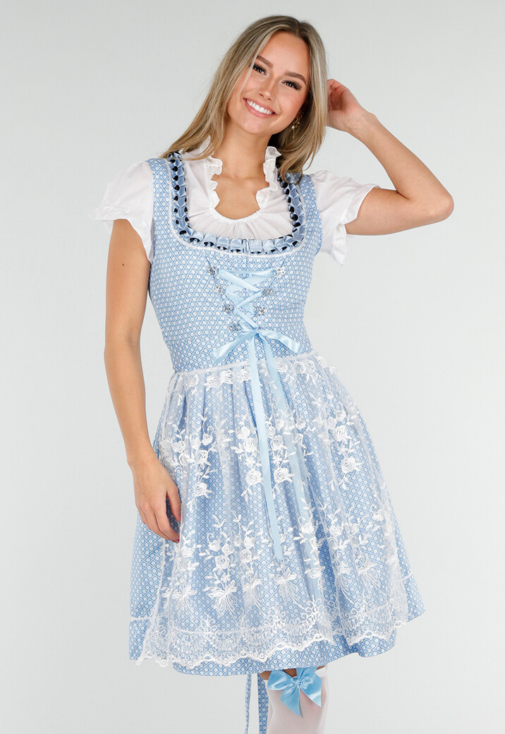 Blauw Oktoberfest Jurkje met Wit Kant en Vetersluiting