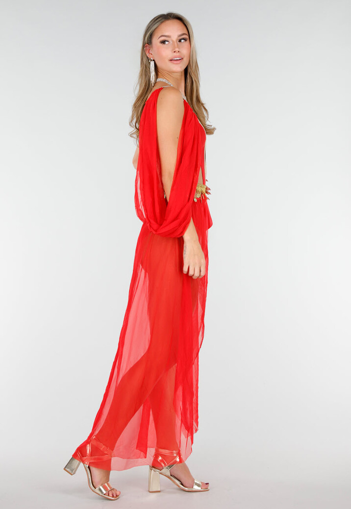 Rood Buikdanseres Kostuum met Gouden Accenten en Doorzichtige Rok