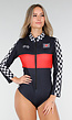 Race Kostuum met Rood Zwarte Bodysuit Geblokt Racepatroon met Stretch