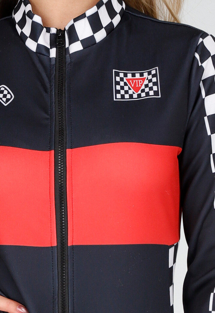 Race Kostuum met Rood Zwarte Bodysuit Geblokt Racepatroon met Stretch