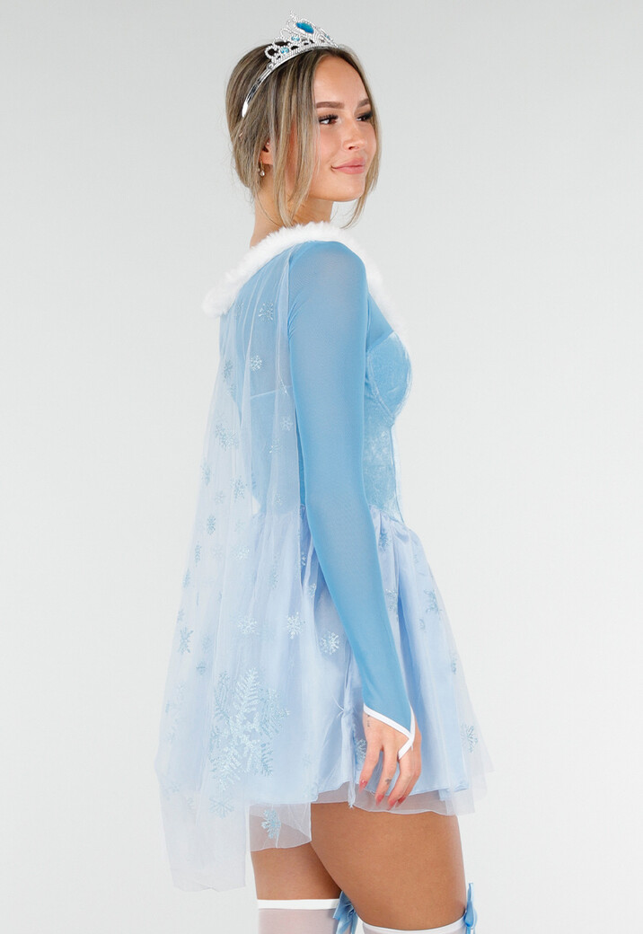 IJsprinses Kostuum met Blauw Jurkje Sneeuwvlokken Cape en Stretch