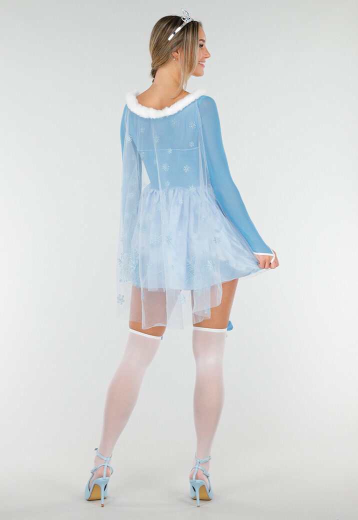IJsprinses Kostuum met Blauw Jurkje Sneeuwvlokken Cape en Stretch