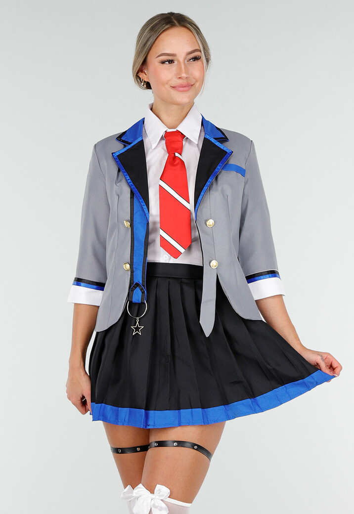 School Uniform Kostuum met Grijze Blazer Blouse Set met Rok en Stropdas