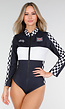 Race Kostuum met Wit Zwarte Bodysuit Geblokt Racepatroon met Stretch