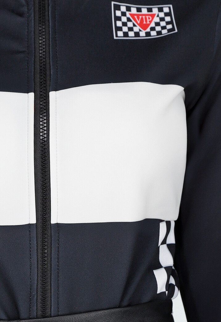 Race Kostuum met Wit Zwarte Bodysuit Geblokt Racepatroon met Stretch