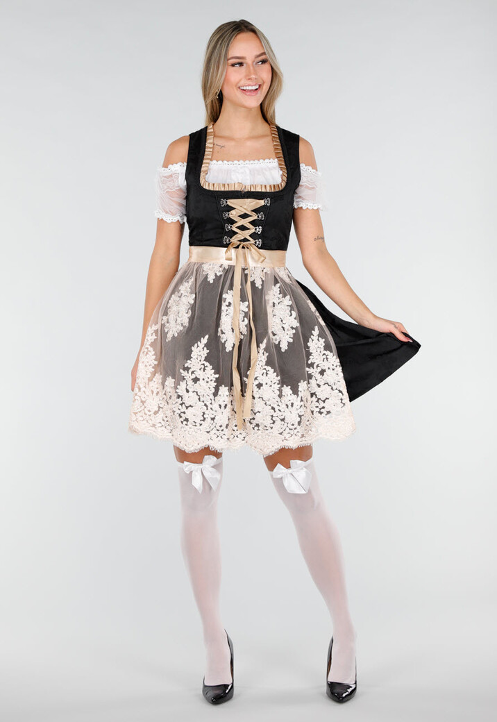 Zwart Oktoberfest Jurkje met Kant Strik en Beige Schort