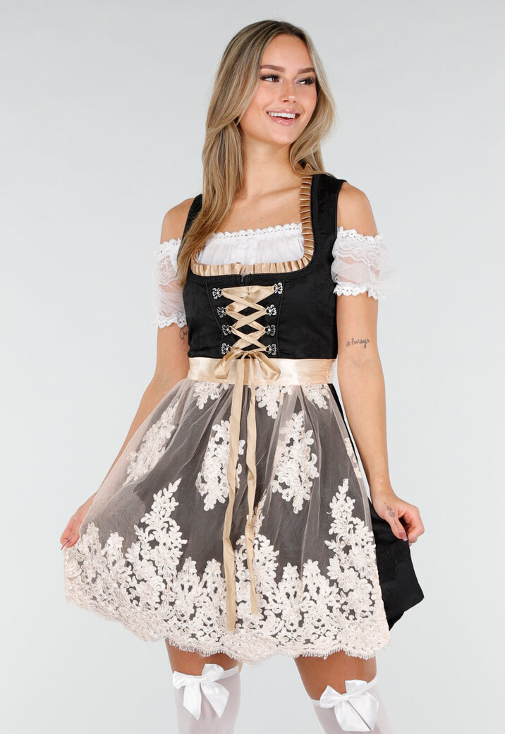 Zwart Oktoberfest Jurkje met Kant Strik en Beige Schort
