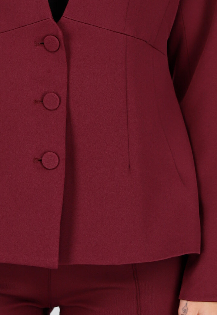 Bordeauxrode Blazer met Diepe Halslijn en Getailleerde Pasvorm