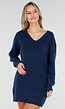 Donkerblauwe Gebreide Trui Jurk met Strik op de Rug en V-Hals