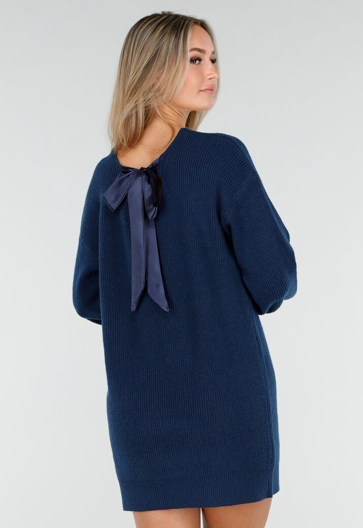 Donkerblauwe Gebreide Trui Jurk met Strik op de Rug en V-Hals