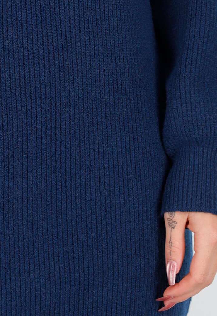 Donkerblauwe Gebreide Trui Jurk met Strik op de Rug en V-Hals