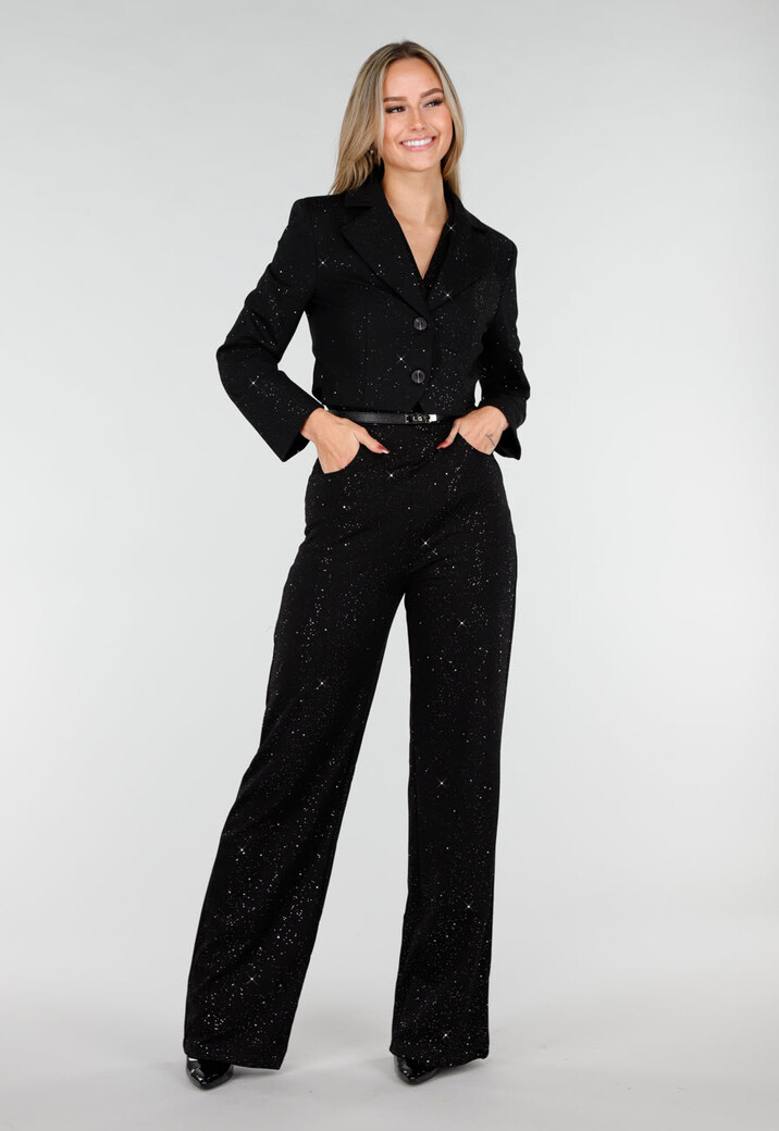 Zwarte Straight Leg Glitter Jumpsuit met Riempje