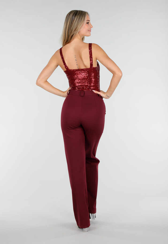 Bordeauxrode Body met Pailletten en Diepe Halslijn