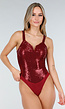 Bordeauxrode Body met Pailletten en Diepe Halslijn