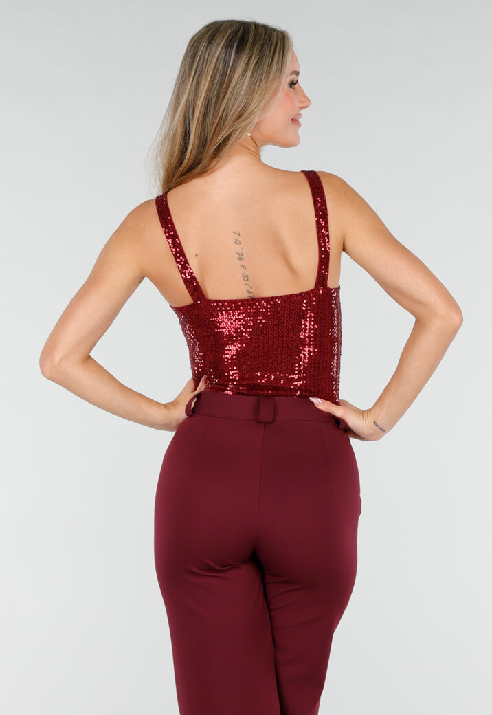 Bordeauxrode Body met Pailletten en Diepe Halslijn