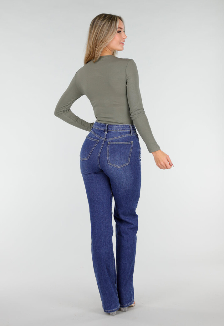 Olijfgroene Body met Lange Mouwen en Stretch