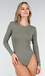 Olijfgroene Body met Lange Mouwen en Stretch