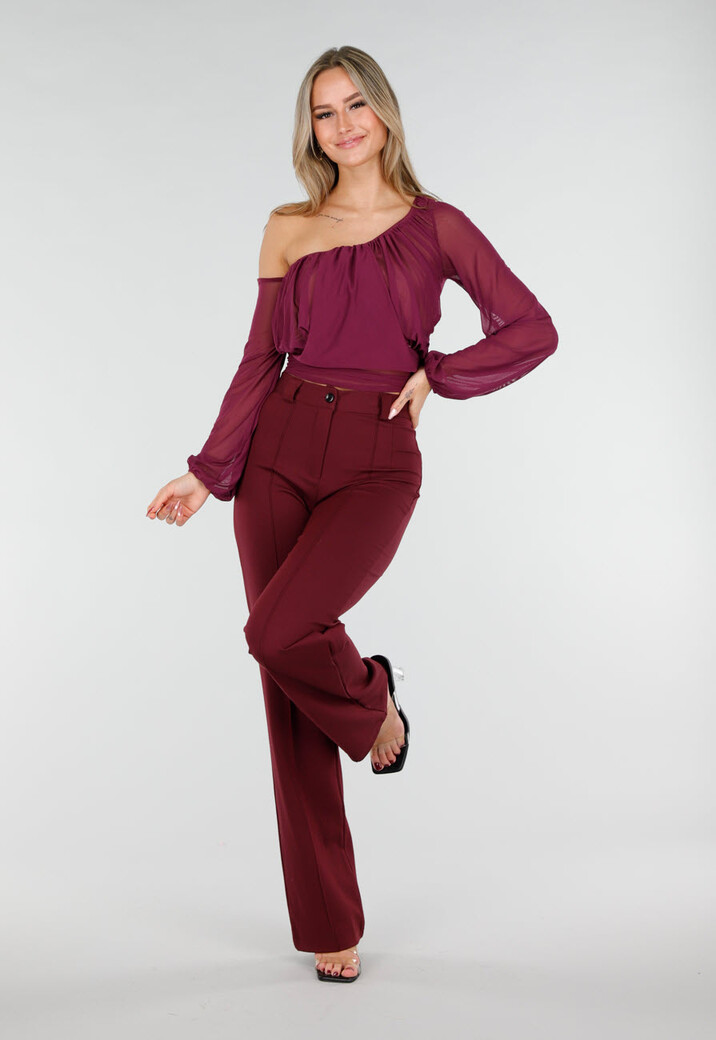 Paarse One Shoulder Top met Afneembare Mouw en Stretch