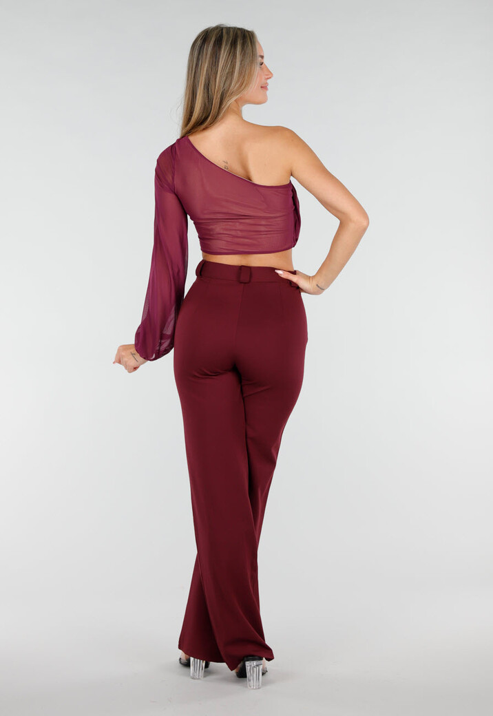 Paarse One Shoulder Top met Afneembare Mouw en Stretch