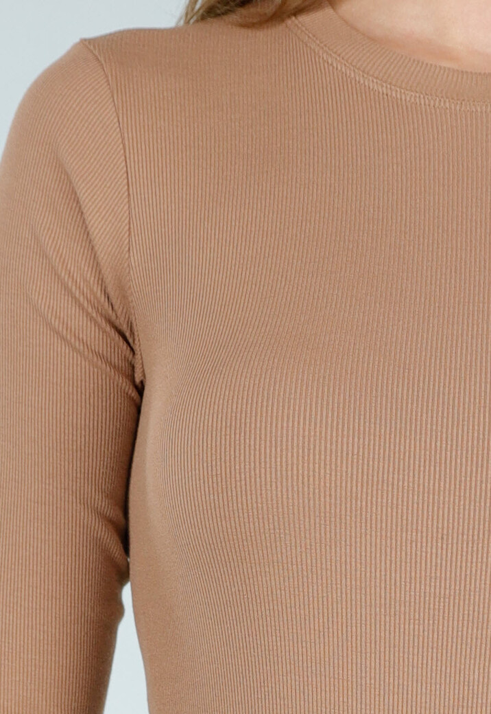 Camelbruine Rib Body met Lange Mouwen en Stretch