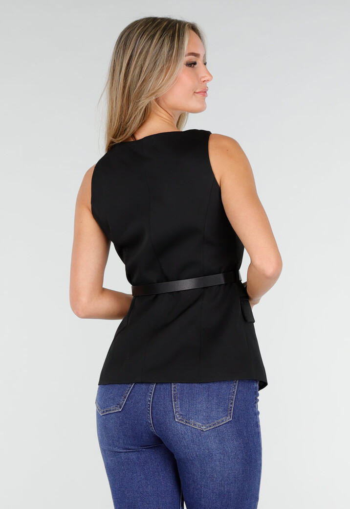 Zwarte Mouwloze Top met Knopen en Ceintuur