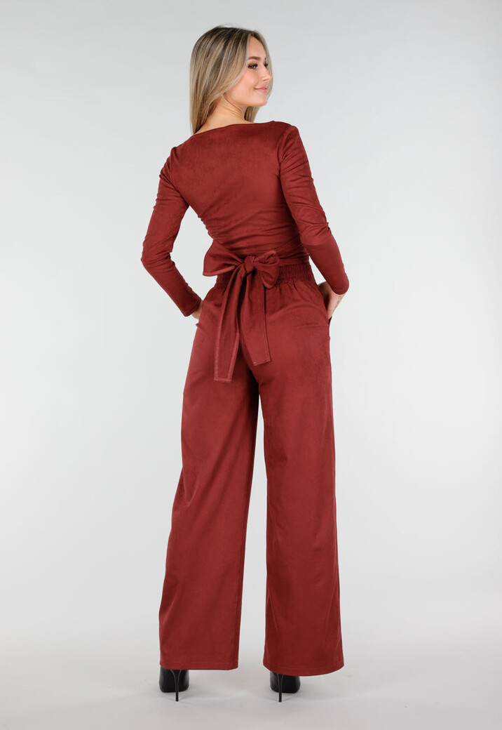 Rode Suède Look Wikkel Top met Lange Mouwen en Stretch