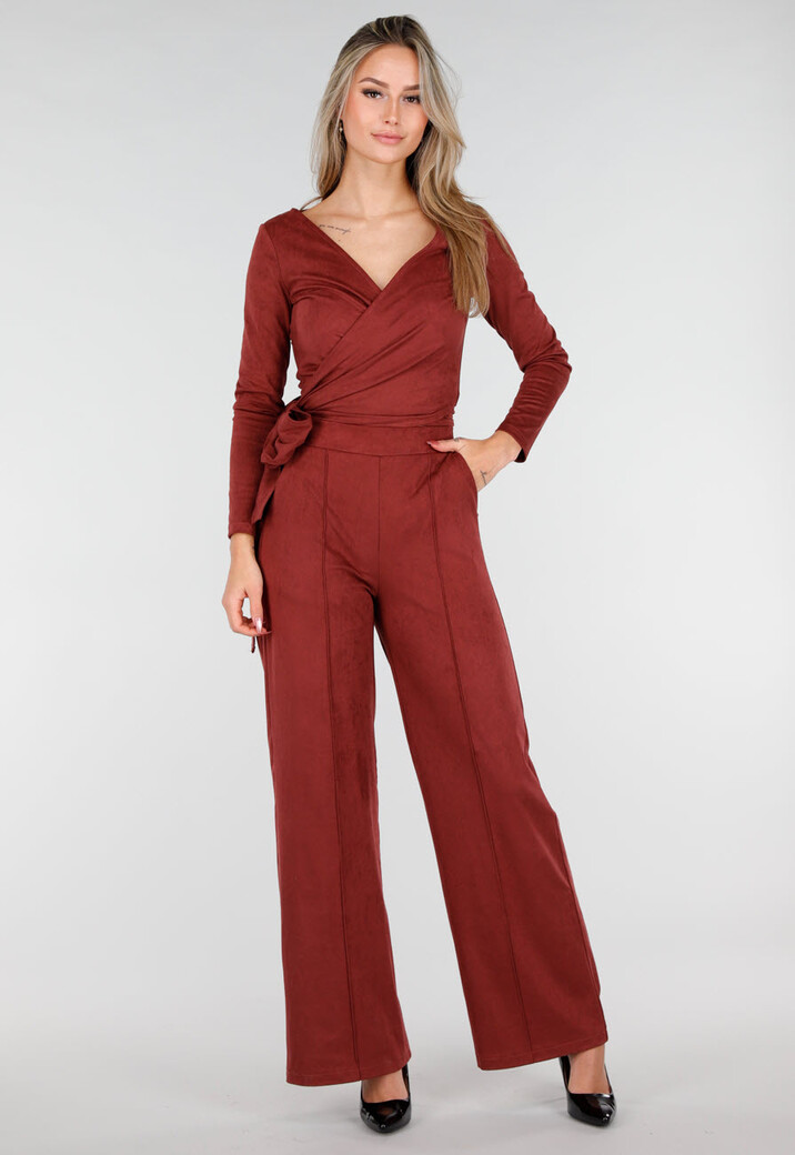 Rode Suède Look Wikkel Top met Lange Mouwen en Stretch