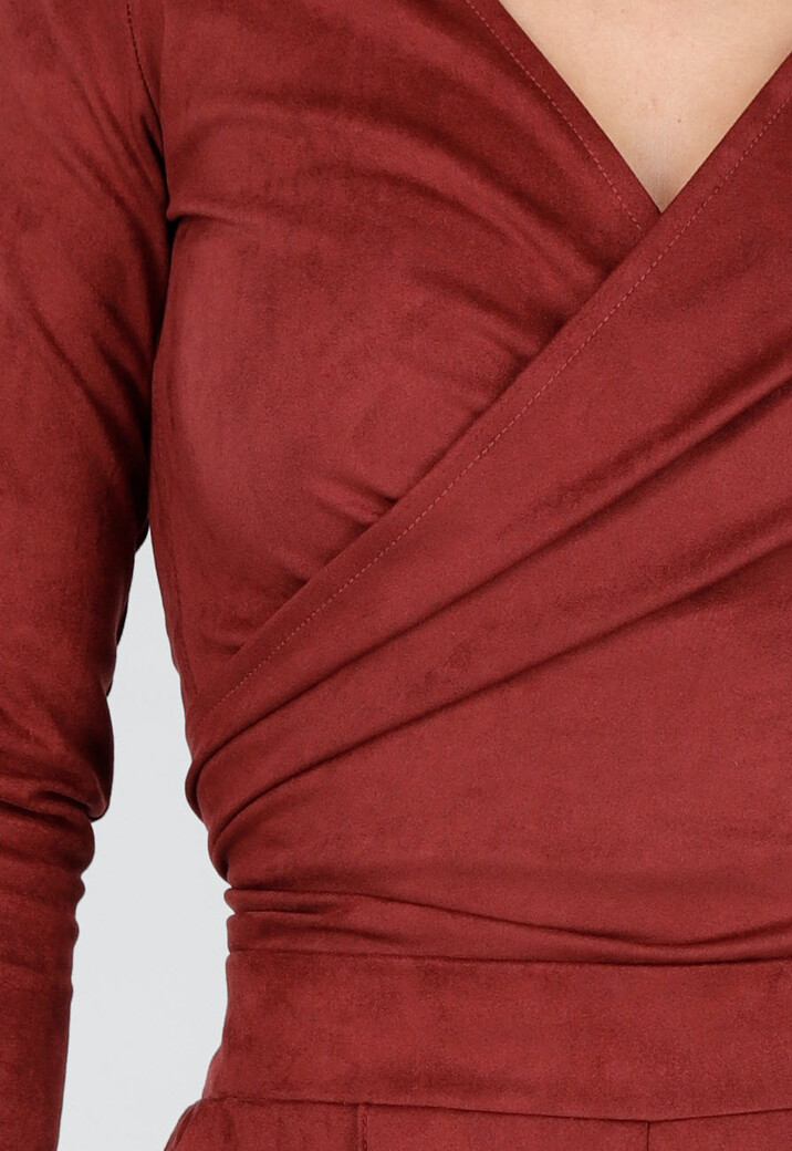 Rode Suède Look Wikkel Top met Lange Mouwen en Stretch