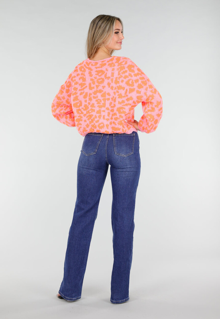 Neonroze Panterprint Trui met Striksluiting aan de Voorkant