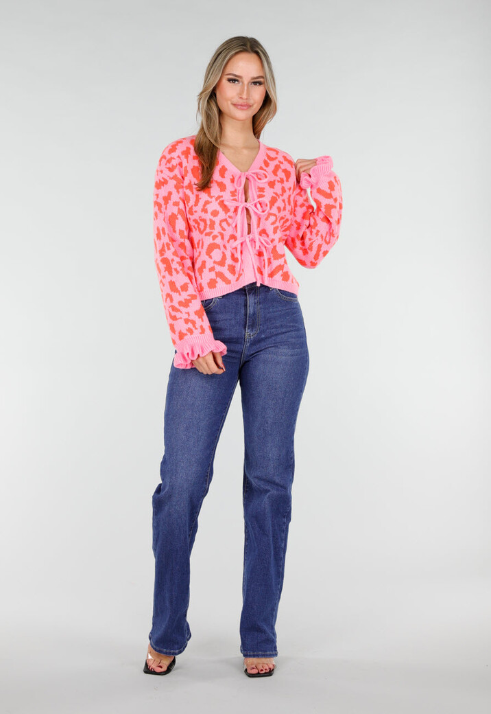 Roze Trui met Oranje Panterprint en Striksluiting