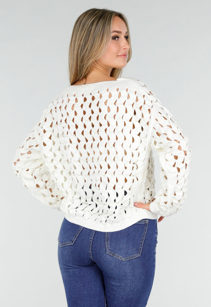 Witte Grof Gebreide Trui met Open Gevlochten Patroon