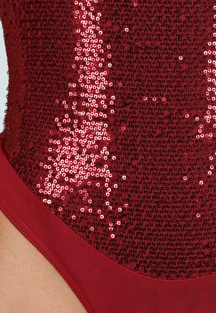 Bordeauxrode Body met Pailletten en Diepe Halslijn