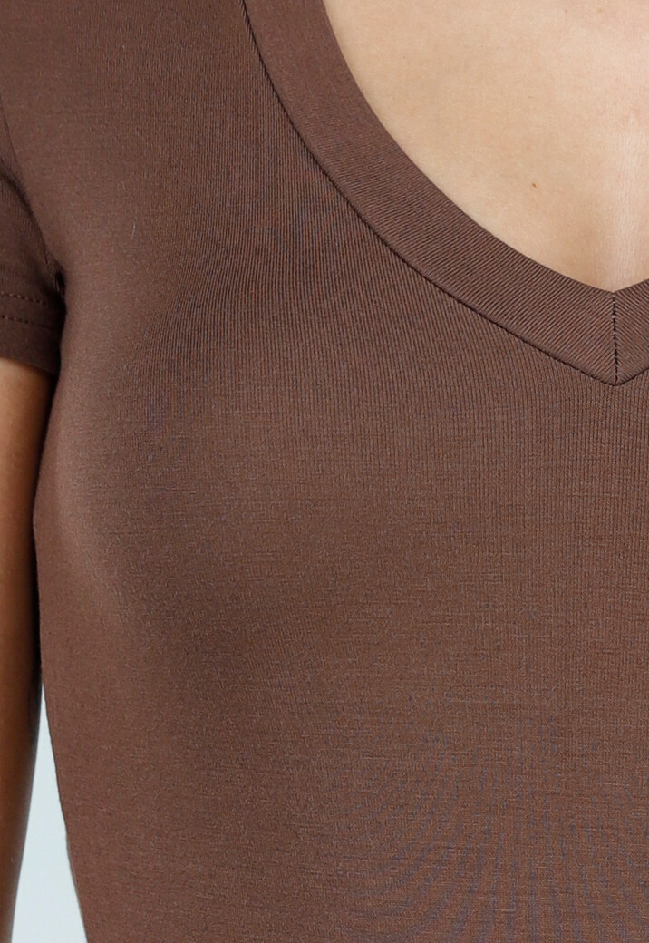 Bruine Body met Korte Mouwen en Diepe V-Hals van Stretchstof