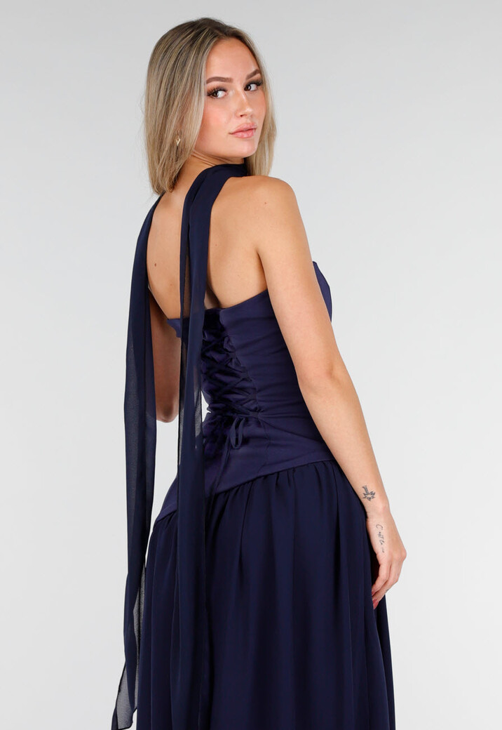 Donkerblauwe Strapless Maxi Stretch Jurk met Split en Hals Sjaal