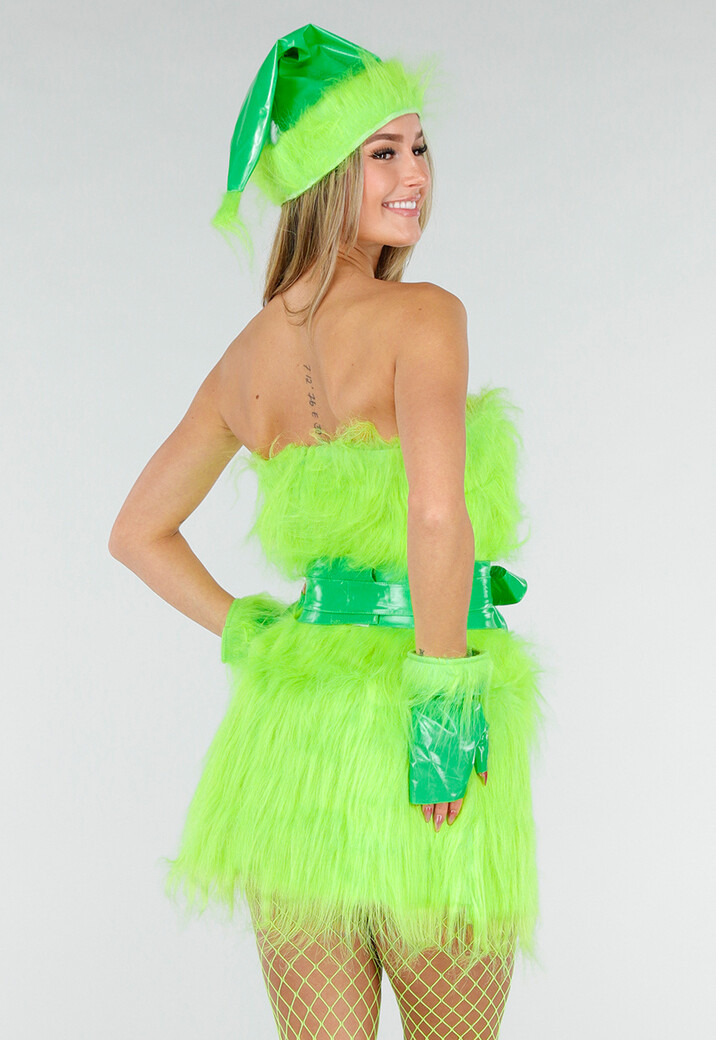 Groen Grinch Kostuum van Fluffy Stof met Ceintuur
