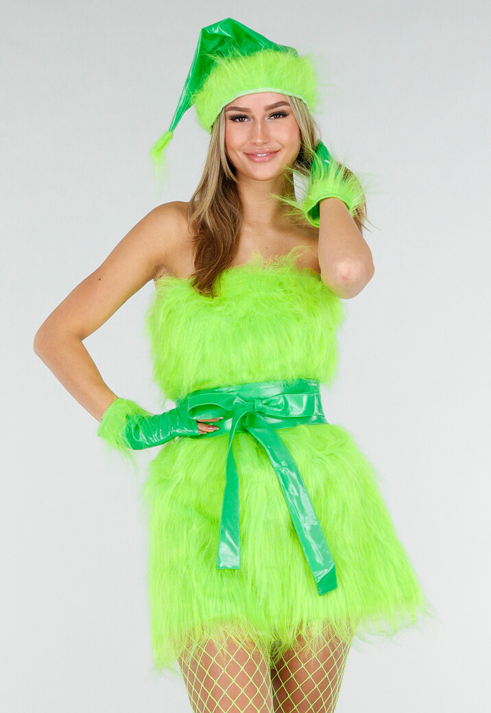 Groen Grinch Kostuum van Fluffy Stof met Ceintuur