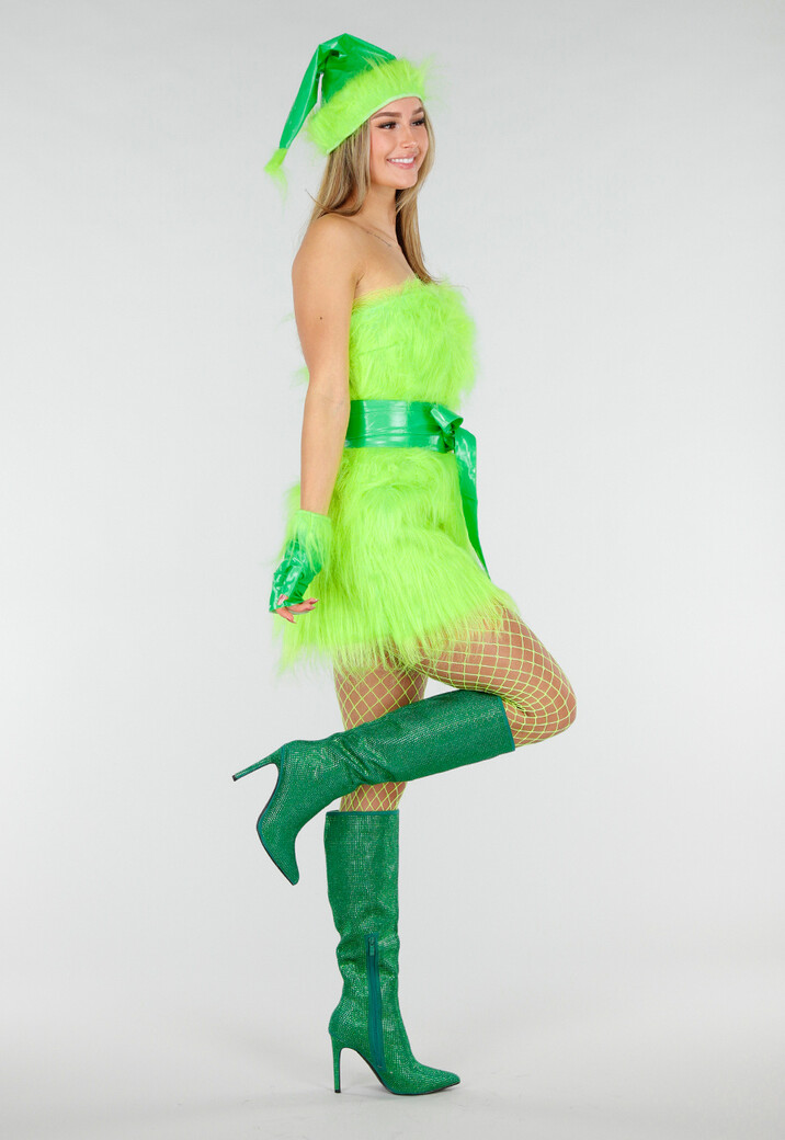 Groen Grinch Kostuum van Fluffy Stof met Ceintuur
