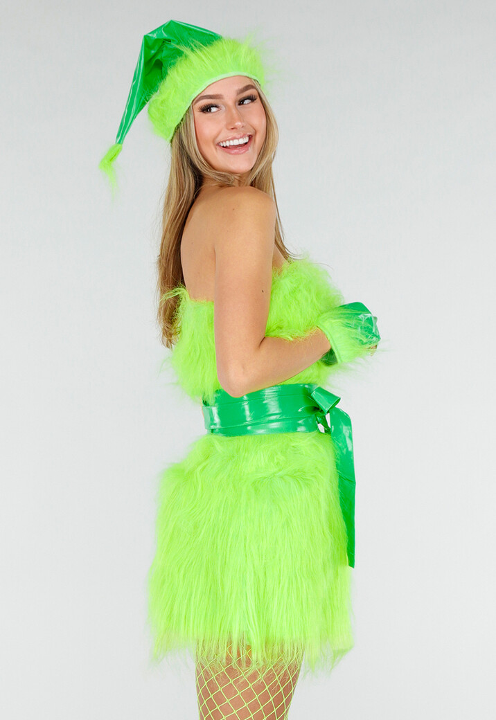 Groen Grinch Kostuum van Fluffy Stof met Ceintuur