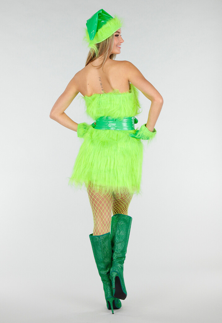 Groen Grinch Kostuum van Fluffy Stof met Ceintuur