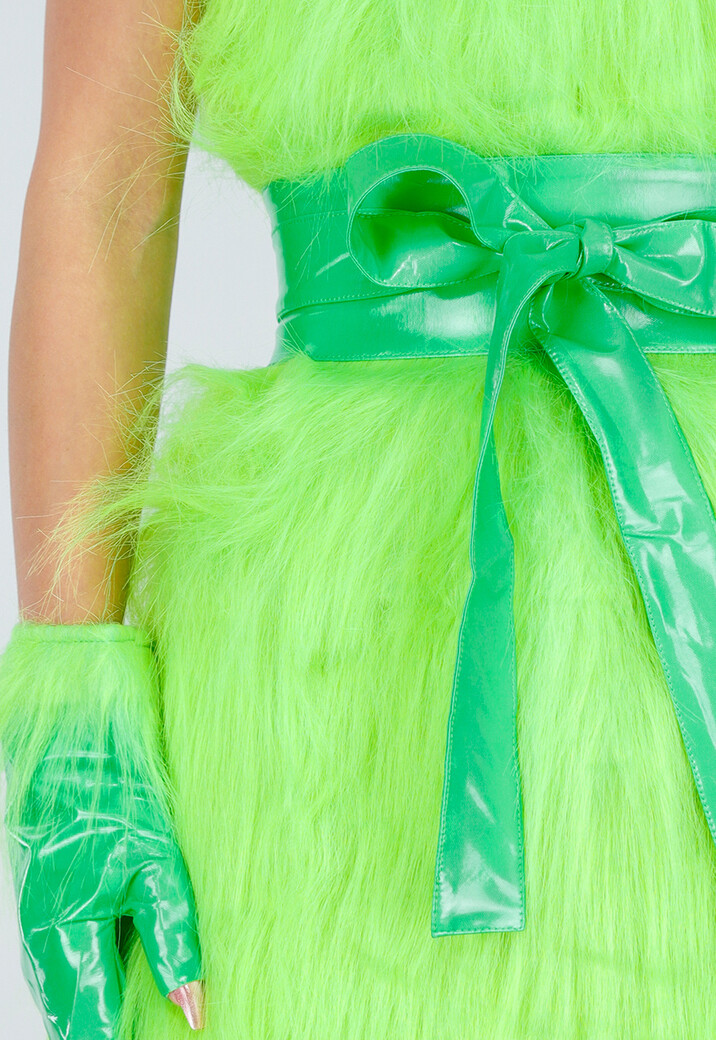 Groen Grinch Kostuum van Fluffy Stof met Ceintuur