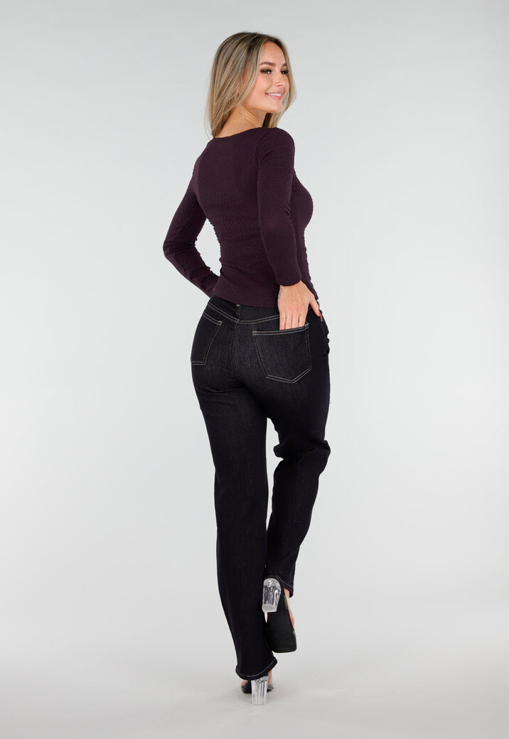 Donkerpaarse Top met Vierkante Hals en Lange Mouwen