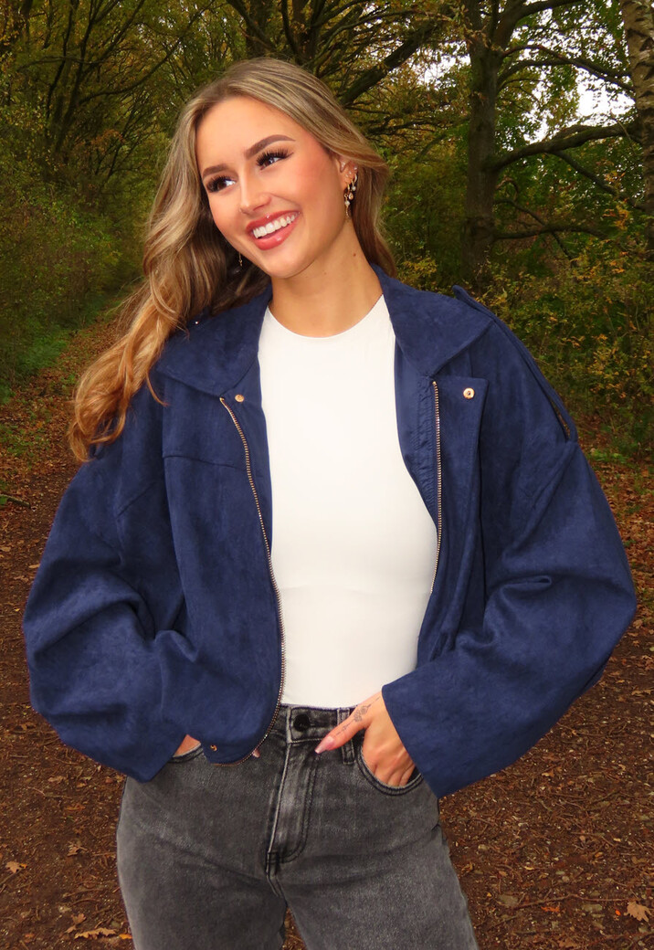 Donkerblauw Suèdelook Jasje met Rits- en Knoopsluiting